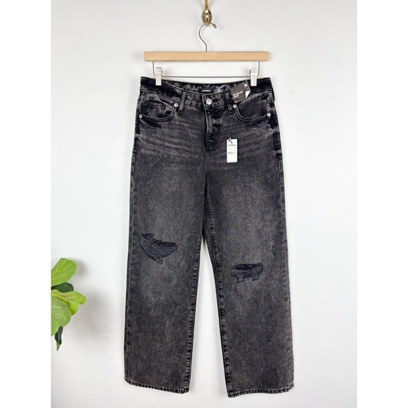 NWT Express Black 90s Mid Rise Ankle Boot Distressed Jeans Sz 0R - Picture 1 of 8